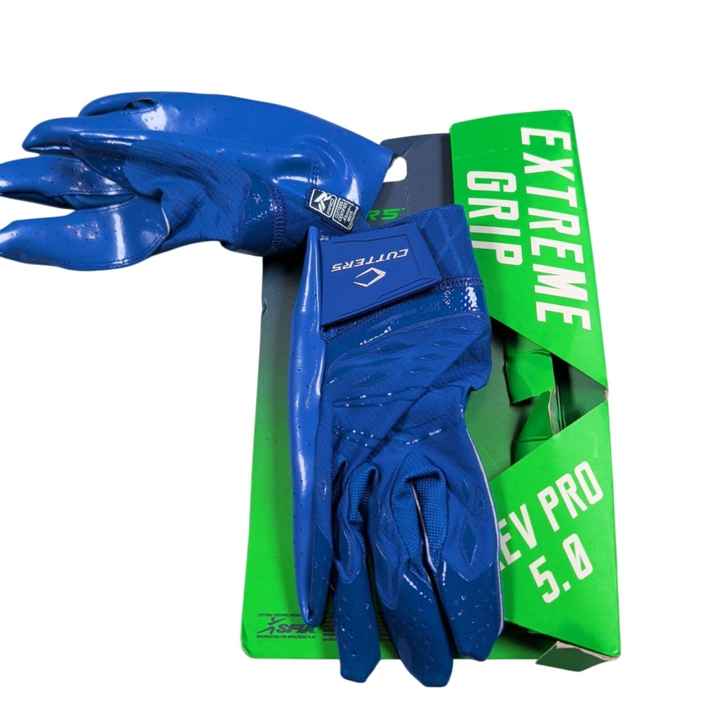 Cutters Mens Large Rev Pro 5.0 Football Gloves Royal Blue Extreme Grip Receiver